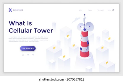 Landing Page Template With Cell Site Or Antenna And Wi-fi Signals Indication. Concept Of Work Of Cellular Tower, Internet Access, Mobile Technology. Modern Isometric Vector Illustration For Webpage.