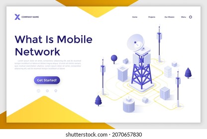 Landing Page Template With Cell Tower With Antenna And City Buildings On Street. Concept Of Mobile Wireless Network, Wifi Technology, Public Internet Access. Isometric Vector Illustration For Website.