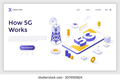 Landing Page Template With Cell Tower And Smartphone. Concept Of 5G Technology Standard For Digital Cellular Networks, Mobile Devices, Broadband Internet Access. Modern Isometric Vector Illustration.