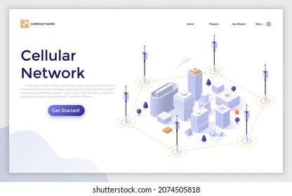 Landing page template with cell towers surrounding city buildings. Concept of cellular network, public internet access, mobile wireless technology. Modern isometric vector illustration for webpage.