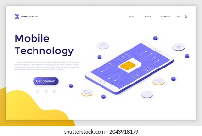 Landing page template with cellphone and sim card with integrated circuit chip on screen. Concept of mobile technology, smartphone with hi-tech microchip. Isometric vector illustration for webpage.