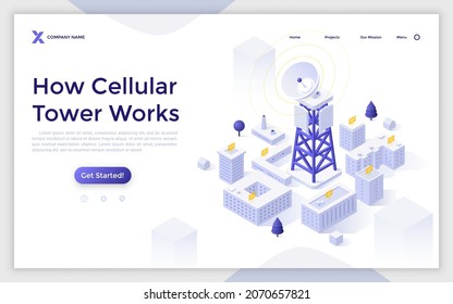 Landing Page Template With Cellular Station With Antenna And City Buildings. Concept Of Cell Tower, Wi-fi Signal, Internet Access, Wireless Network. Modern Isometric Vector Illustration For Website.