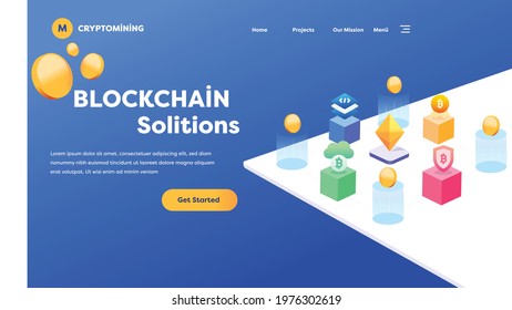Landing page template with chain of cubic blocks. Software and hardware solutions for bitcoin mining. Modern isometric vector illustration for website.
