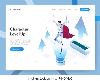 Landing page template of Character Level Up Isometric Illustration Concept. Modern design concept of web page design for website and mobile website.Vector illustration EPS 10