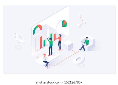 Landing page template of charts and analyzing statistics data visualization concept.Technology, Internet and network concept.Vector illustration
