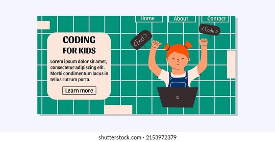 Landing page Template mit einem Kind zu programmieren lernen. Vektorgrafik, Website, Homepage