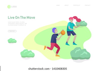 Landing page template with children play ball. Healty life concept. People sports outdoor activities at park. Cartoon illustration