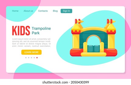 Landing page template for children's trampoline park, kids zone, playground with inflatable bouncy castle. Amusement equipment for active games. Vector illustration for website, homepage, app design