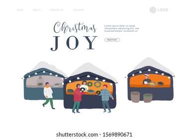 Landing page template with Christmas holiday outdoor fair or street market on town square invitation card. Characters people walking between decorated stalls or kiosks. Holiday New year shopping
