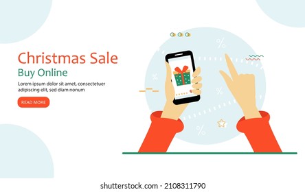 Landing page template. Christmas shopping online. Person holding smartphone with open internet application for e-purchasing. Vector illustration. 