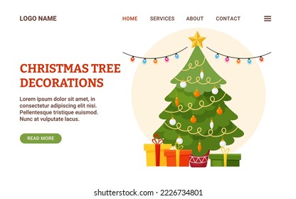 La página de aterrizaje se alteró con el árbol de Navidad. Decoración navideña, venta de primos, garland, decoración para el hogar. Antecedentes festivos vectores, banner, sitio web, tienda, publicidad