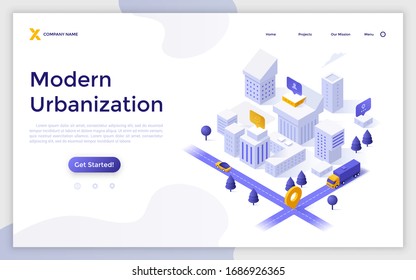 Landing page template with city district, living buildings or houses, streets and location mark. Concept of urbanization, urban development and construction. Isometric vector illustration for website