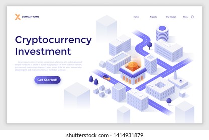 Landing page template with city downtown map, modern buildings, streets and bitcoin. Cryptocurrency investment. Modern isometric vector illustration for financial online service advertisement.