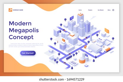 Landing page template with city map with urban and suburban areas, white buildings or skyscrapers, streets, location marks. Concept of modern megapolis. Isometric vector illustration for website.