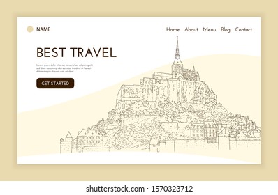 Landing page template. City sketching. Line art silhouette. Travel presentation. Tourism concept. France, Mont Saint-Michel. Sketch style vector illustration.