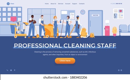 Landing Page Template For Cleaning Service. Cleaning Staff, Team Of Janitors In Uniform With Professional Equipment Cleans In Hospital Or Medical Clinic. Vector Illustration.