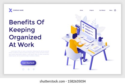 Landing page template with clerk, manager or employee sitting at computer. Concept of effective task management at workplace, work planning and organization at office. Isometric vector illustration.