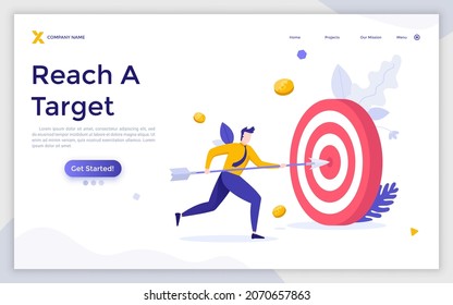 Landing page template with clerk piercing shooting target with arrow. Concept of business goal achievement strategy, reaching financial objective. Modern flat colorful vector illustration for webpage.