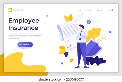 Landing page template with clerk, signed document and shield. Concept of employee insurance, protection of worker's health, benefits provided by company. Modern flat vector illustration for webpage.