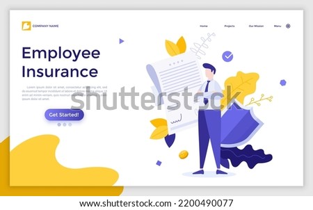 Landing page template with clerk, signed document and shield. Concept of employee insurance, protection of worker's health, benefits provided by company. Modern flat vector illustration for webpage.