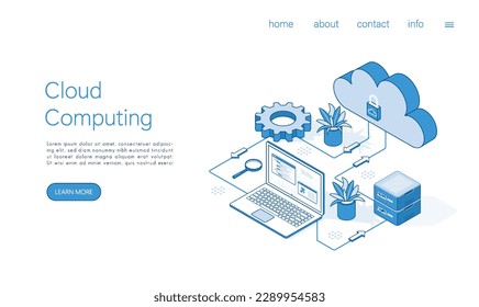 Landing page template cloud computing concept. Including Servers, Storage, Databases, Connection Technology. Isometric vector.