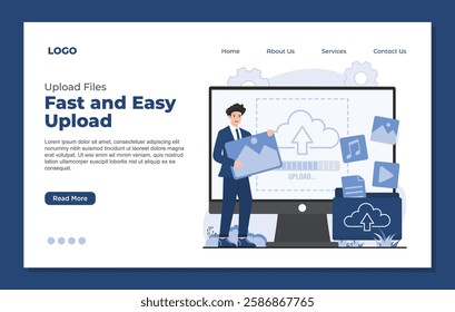 landing page template cloud computing upload concept data transfer online storage digital connectivity video image file