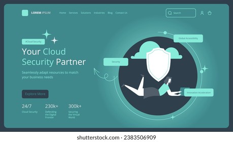 Landing page template. Cloud database security. Digital cybersecurity. Protect system innovation. Antivirus, encryption. Phishing, hacker attack. Vector illustration for website.