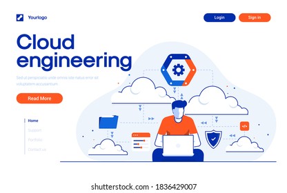 Landing Page Template Of Cloud Engineering. Cloud Engineer With Laptom And Elements. Modern Flat Design Concept Of Web Page Design For Website And Mobile Website. Easy To Edit And Customize. Vector