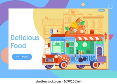 Landing page template of colorful flat pizza truck. Flat vector illustration