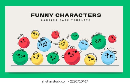 Landing page template with colorful funny round ragged characters.