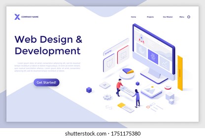 Landing page template with computer and people building website interface. Concept of web design and development, site builder online tool or service. Modern isometric vector illustration for webpage.