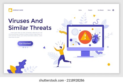 Landing page template with computer screen with insect and alert notification and person running in panic. Concept of internet virus threat, infected system warning. Modern flat vector illustration.