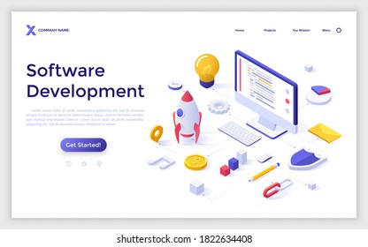 Landing page template with computer surrounded by spaceship, shield, lightbulb. Concept of front-end and back-end software development, programming, coding. Modern isometric vector illustration.