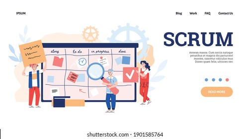Landing page template with concept of agile development. Scrum team of people move color cards on board from start to finish process, analyzing strategy task or business project.