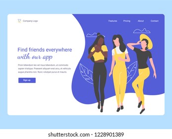 Landing page template concept. Dating site, service to find friends, an interesting leisure. Girlfriends shopping. Vector illustration.