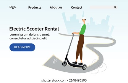 landing page template is the concept of electric scooter rental for walking in the park or in the city. A man rides a rented scooter along a bicycle path on an urban background