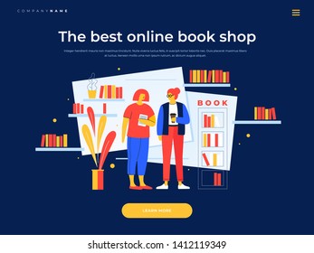 Landing page template. Concept of an Internet library. Young cartoon girls talking in library on background of bookshelves. Concept of education and communication of youth. Vector flat illustration.