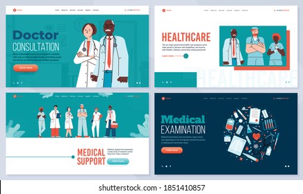 Landing page template with concept of medical support, consultation, examination and health care in hospital. Professional medical people doctors and nurses. Vector illustration.