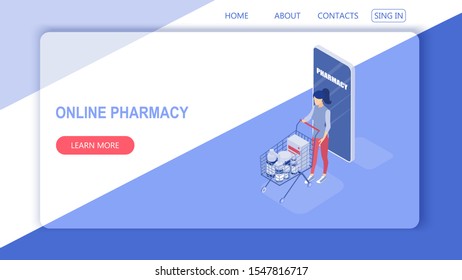 Landing page template with the concept of an online pharmacy. Woman buys medicine. Isometric vector illustration.
