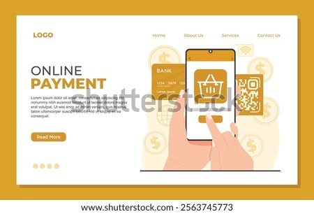 Landing page template concept for online payment featuring a hand holding a smartphone with a shopping basket and QR code, representing seamless digital transactions