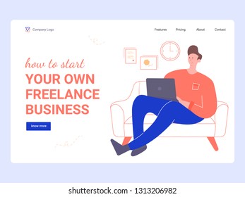 Landing page template concept. Start your own freelancing business. Young businessman sitting on the sofa with a laptop. Vector illustration.