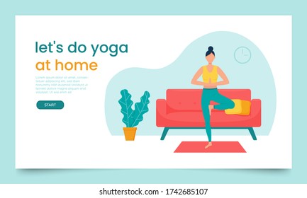Landing page template. Concept of a web page for yoga classes. A woman stands in pranamasana in a living room, home environment. Color vector illustration in a flat style