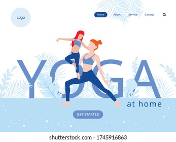Plantilla de página de inicio. Concepto de una página web para clases de yoga. Madre e hija haciendo yoga en línea en casa.