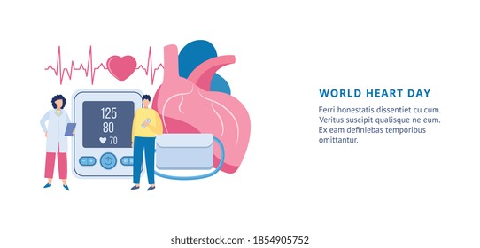 Landing Page Template With Concept Of World Heart Day. Health Care Lifestyle, Disease Awareness, Prevention Of Cardiovascular. Flat Vector Illustration.