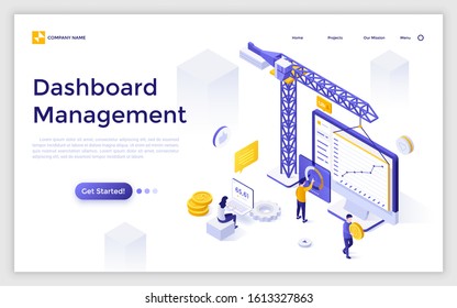 Landing page template with construction crane, people, laptop with diagram and business indicators on screen. Concept of internet dashboard for company's management. Isometric vector illustration.