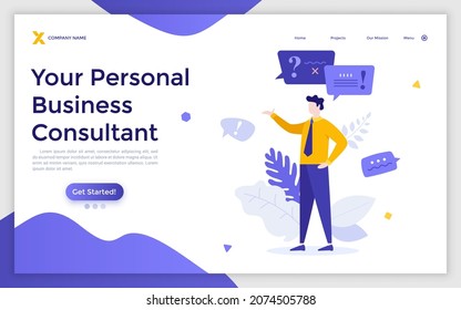Landing page template with consultant or advisor answering questions and providing information. Concept of consulting service for business, professional advice. Flat vector illustration for webpage.
