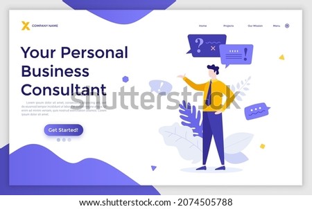 Landing page template with consultant or advisor answering questions and providing information. Concept of consulting service for business, professional advice. Flat vector illustration for webpage.