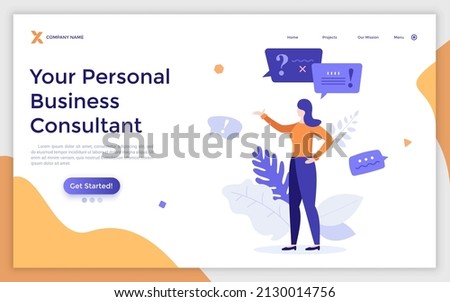 Landing page template with consultant or advisor answering questions and providing information. Concept of consulting service for business, professional advice. Flat vector illustration for webpage.