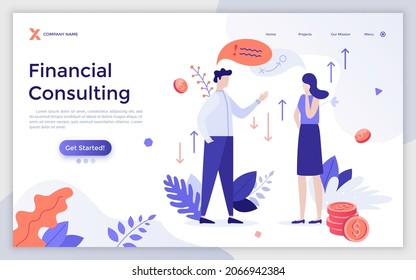 Landing page template with consultant and client talking about money investments. Concept of financial consulting, professional advice on income growth, finance. Flat vector illustration for webpage.