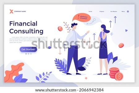 Landing page template with consultant and client talking about money investments. Concept of financial consulting, professional advice on income growth, finance. Flat vector illustration for webpage.